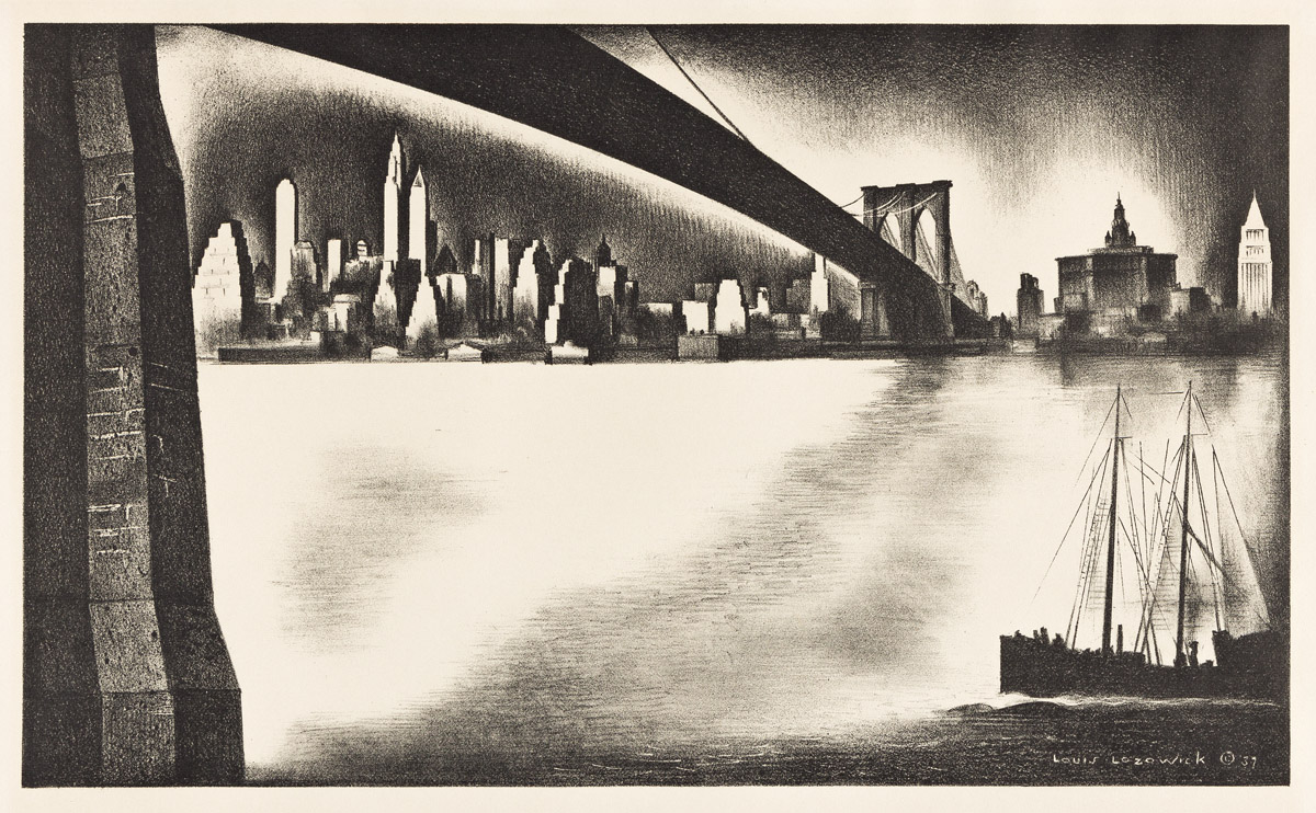 LOUIS LOZOWICK (1892-1973) Distant Manhattan from Brooklyn.